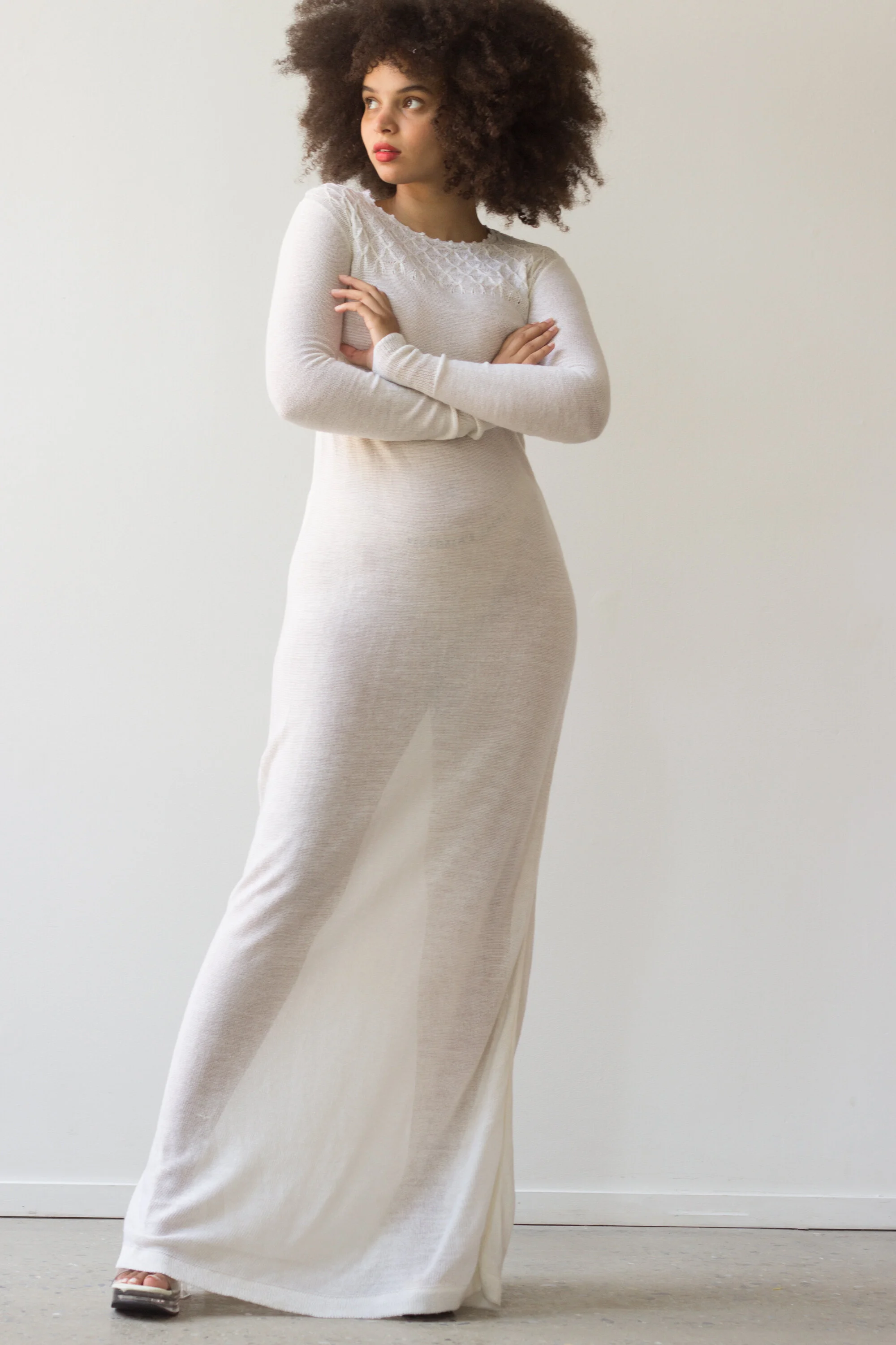 1970s White Knit Extra Long Maxi Dress Wayward Collection